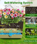 Cross-section of All-in-One Raised Garden Bed Planter Box With Trellis showing self-watering system and flowers.