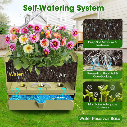 Cross-section of All-in-One Raised Garden Bed Planter Box With Trellis showing self-watering system and flowers.
