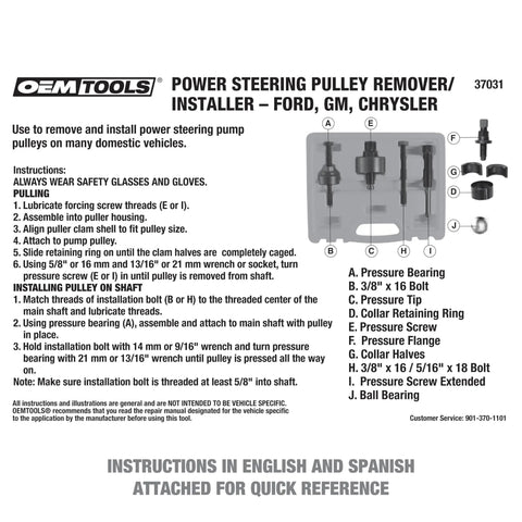 Power Steering Pulley Puller And Installer Kit All In One Tool for Ford GM VW Chrysler Cars with Instructions and Tool Layout