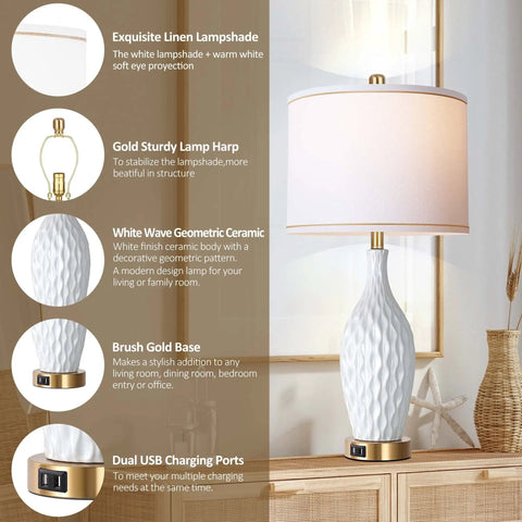 Must Have 2 Pack White Ceramic Table Lamps With 3 Way Dimmable Touch Control USB Ports And Linen Shade 27 Inch Modern