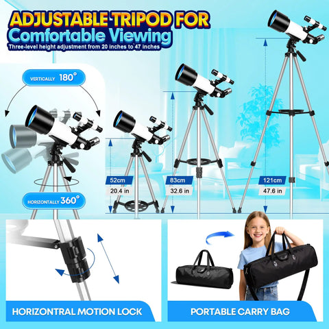 70mm Astronomical Telescope For Kids And Beginners With Space Puzzles Easy Setup And Fully Multi Coated Optics For Bright Clear Views Durable Tripod And Kid Friendly Fun Night Sky Exploration Starter Kit For Family Stargazing, adjustable tripod and carry bag