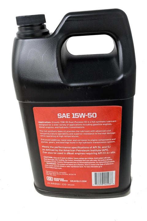 Back view of gallon of Full Synthetic 15W-50 Hydraulic Fluid and Engine Oil for hydrostatic transmissions and small engines.
