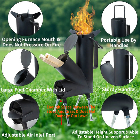 Portable Wood Burning Rocket Stove For Camping And Outdoors With Fire Poker Ideal For Survival Gear Backyard Cooking Camp Grilling And Outdoor Events Any Weather showcasing features and design.