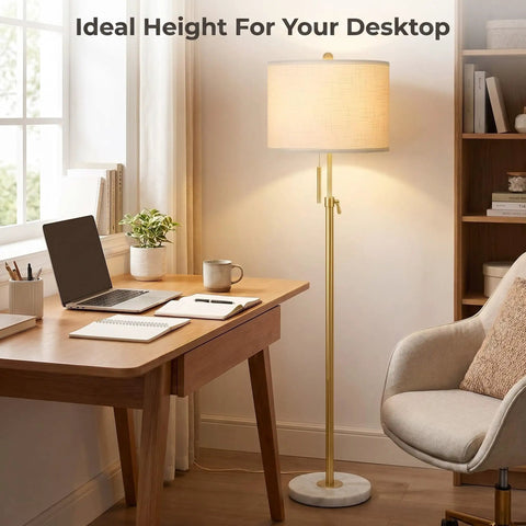 Gold Floor Lamp For Living Room 55-67 Inch Tall Height Adjustable Modern Standing Lamp With 3-Way Dimming Space Saving Marble Base