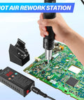 Portable Hot Air Soldering Station For SMD Rework Digital Display Heat Gun in use on a PCB with adjustable heat settings