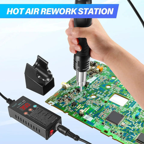 Portable Hot Air Soldering Station For SMD Rework Digital Display Heat Gun in use on a PCB with adjustable heat settings