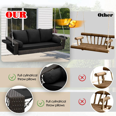 Comparison of Three Person Outdoor Hanging Porch Swing Chair With Cushions And Adjustable Chain against wooden swing