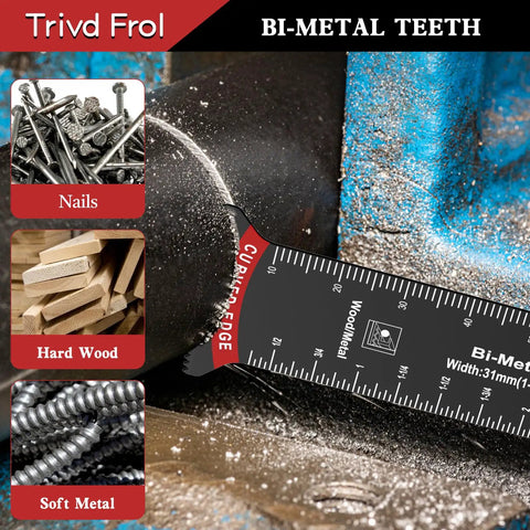 Heavy Duty Oscillating Multi Tool Blades That Slice Through Wood Plastic Metal And Nails Like Butter With Vibration Control, showing bi-metal teeth on a pipe.