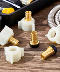 Half Inch Brass Swivel PEX Adapter Crimp Fittings With Female Threads For Easy Plumbing Repairs Durable Anti Corrosion Connectors Kit Plug And Play Ready With PEX Tubing 20 Pieces on table