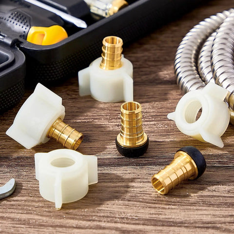 Half Inch Brass Swivel PEX Adapter Crimp Fittings With Female Threads For Easy Plumbing Repairs Durable Anti Corrosion Connectors Kit Plug And Play Ready With PEX Tubing 20 Pieces on table