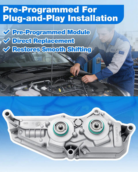 Ford Focus 2.0L DPS6 TCM Transmission Control Module Pre-Programmed Plug And Play Replacement Unit 2011-2022 Easy Install Fixes Hard Shifting Delayed Engagement A2C53377498 AE8Z-7Z369-F, silver module shown with mechanic