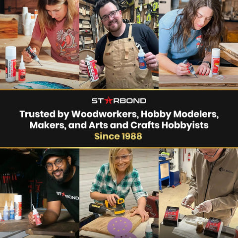 Collage of woodworkers and hobbyists using Starbond adhesives in various crafting settings.