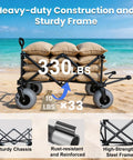 Large Capacity Beach Wagon For Sand With All Terrain Balloon Wheels 9x4 Inch 200L Capacity And 330Lb Heavy Duty Collapsible Cart With Extended Tailgate For Beach Camping And Outdoors loaded with sandbags on a beach