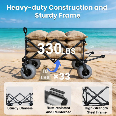 Large Capacity Beach Wagon For Sand With All Terrain Balloon Wheels 9x4 Inch 200L Capacity And 330Lb Heavy Duty Collapsible Cart With Extended Tailgate For Beach Camping And Outdoors loaded with sandbags on a beach