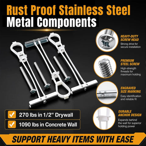 Heavy Duty Toggle Anchors With Bolts For Drywall Rock Solid Wall Mount Kit No Wiggle Room Holds Heavy TV Gear Built Tough Zinc Plated Steel Quick Grip 8 Pack Pro Hardware For Every Hollow Wall Gig Around Town components with stainless steel screws and anchors on black background.