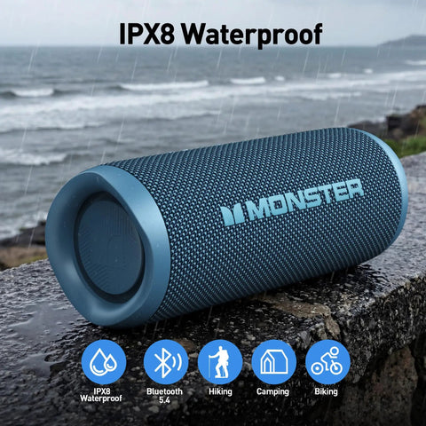 Beast 60W Portable Outdoor Bluetooth Speaker With True Wireless Stereo, Dual Pairing, IPX8 Waterproof, Bluetooth 5.4 shown in rain.