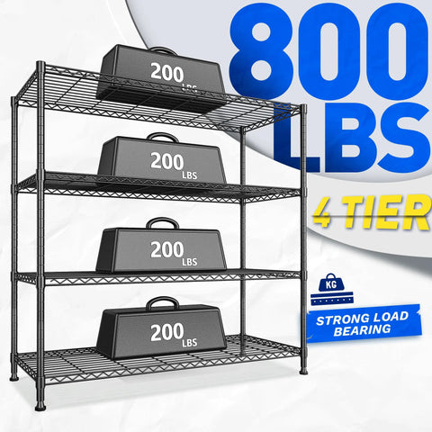 Extra Wide 4 Tier Storage Rack With 800 Lbs Capacity Adjustable Shelves Black Metal Shelf Unit For Garage Closet Kitchen Utility And Bulk Storage Heavy Duty Steel Construction For Long Lasting Use, 45W x 13.5D x 59.4H