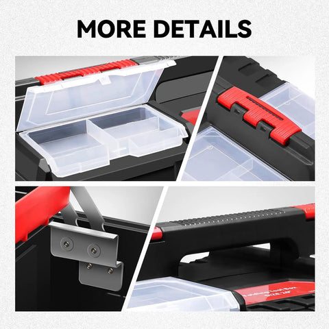 Close-up of Big Boy Foldable Two-Layer Tool Box Workhorse showing removable clear compartments and sturdy non-slip handle.