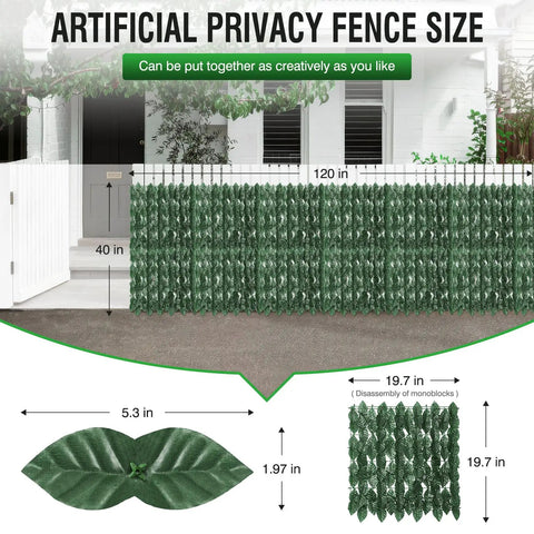 Artificial Ivy Privacy Fence Screen For Patio And Garden 120 By 40 Inches Dense Greenery Panels with size details shown.