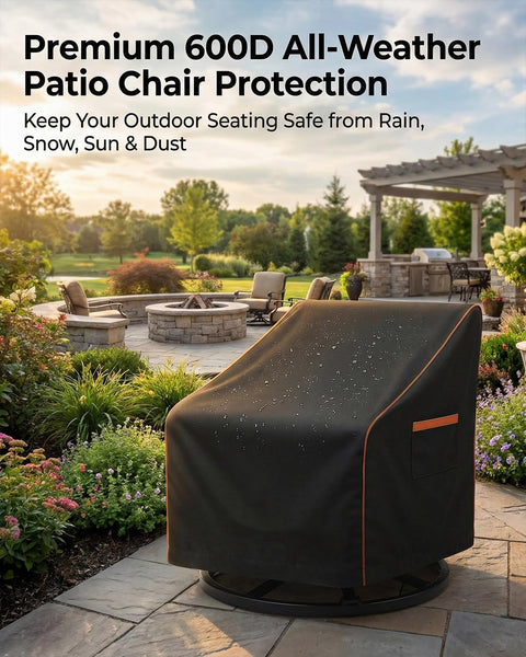 Heavy Duty 600D Outdoor Chair Covers Waterproof For Swivel, Lounge, Rocking And Adirondack Chairs, All Weather UV Resistant And Fade Safe, 2 Pack, 30W X 34D X 36H Inches, Black covering a swivel chair in garden