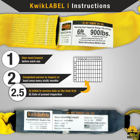 All In One Safety Lanyard Kit With Harness And Anchor For Fall Protection label instructions and inspection guidelines.