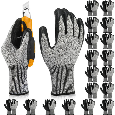 Level 5 Cut Resistant Gloves Set, 18 Pairs Lightweight Protective Work Gloves With PU Coated Palms, HPPE Shell, Size Large
