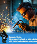 Heavy Duty Auto Darkening Welding Goggles With Snap Switch Lenses For Arc Cutting And Grinding worn by a welder, providing eye protection amid sparks.