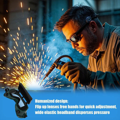 Heavy Duty Auto Darkening Welding Goggles With Snap Switch Lenses For Arc Cutting And Grinding worn by a welder, providing eye protection amid sparks.