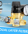 AOLINK RV water pressure regulator valve with brass body, gauge, and inlet filter (front view).