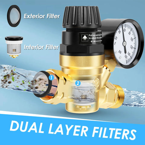 AOLINK RV water pressure regulator valve with brass body, gauge, and inlet filter (front view).