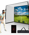Golfer using Golf Simulator Enclosure With 270 Degree Protection And 3 In 1 Home Golf Studio with screen, net, and carry bag