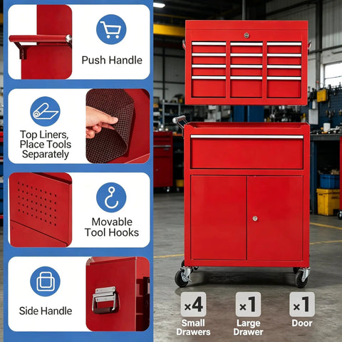 Heavy Duty Rolling Tool Chest With Five Spacious Drawers And Lockable Bottom Cabinet Detachable Mobile Workbench For Garage Storage, showing push handle, drawers, and tool hooks.