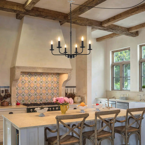 12 Light Black Farmhouse Chandelier, 32 Inch Large Foyer Ceiling Light Fixture For Dining Room, Living Room, Kitchen Island, Entryway And Staircase, Modern Rustic Iron Candlestick Pendant Lighting With Adjustable Height Statement Piece in rustic kitchen setting