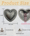 Heart shaped rivets size illustration measuring 1.26 x 1.14 inches for DIY projects with zinc alloy material.