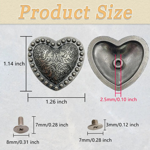 Heart shaped rivets size illustration measuring 1.26 x 1.14 inches for DIY projects with zinc alloy material.