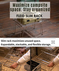 Expandable Slim Camping Rack Foldable Gear Shelf for Tent, Car, and RV Camping, Adjustable 15 to 23.6 Inches in use.
