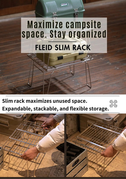 Expandable Slim Camping Rack Foldable Gear Shelf for Tent, Car, and RV Camping, Adjustable 15 to 23.6 Inches in use.