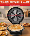 Super Cool 11 Inch Electric Quesadilla Maker With Extra Stuffing Latch Non Stick Plates Makes Easy Sliced Six Wedges Perfect For Grilled Cheese And Fast Homemade Snacks Quick Heating Black Model, open and showing quesadilla slices.
