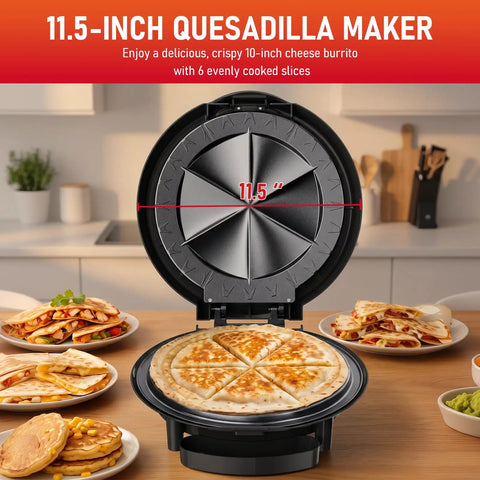 Super Cool 11 Inch Electric Quesadilla Maker With Extra Stuffing Latch Non Stick Plates Makes Easy Sliced Six Wedges Perfect For Grilled Cheese And Fast Homemade Snacks Quick Heating Black Model, open and showing quesadilla slices.