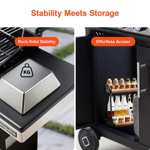 Side view showing built-in storage cabinet of Six Burner Propane Gas Grill With Infrared Sear Side Burner And Diamond Pattern Cast Iron Grates And Griddle Built In Storage Cabinet And Side Table The Ultimate Backyard Barbecue Station For Juicy Steaks And Big Grilling Sessions