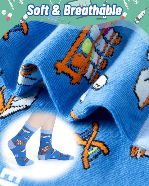Close-up of blue medical laboratory socks with lab tech designs, part of 8 Pairs Medical Laboratory Socks For Women And Men.