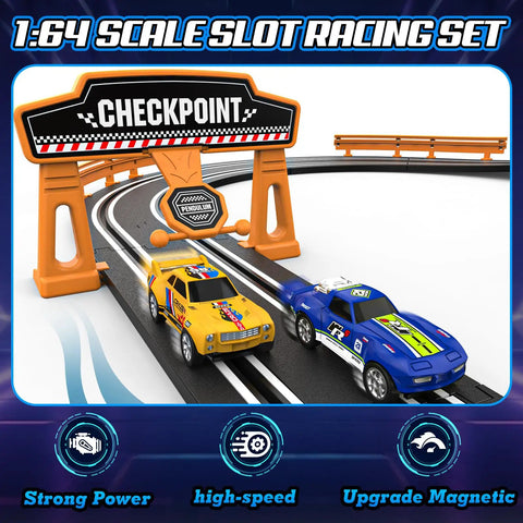 Epic Slot Car Race Track Set With Two High Speed Cars on dual lane raceway, checkpoint arch, 1:64 scale cars.