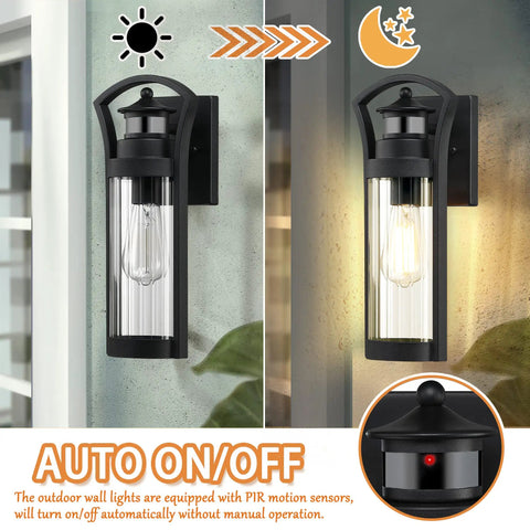 Large 15 Inch Black Dusk To Dawn Outdoor Wall Light With Photocell Sensor And PIR Motion Sensor, unlit and lit views
