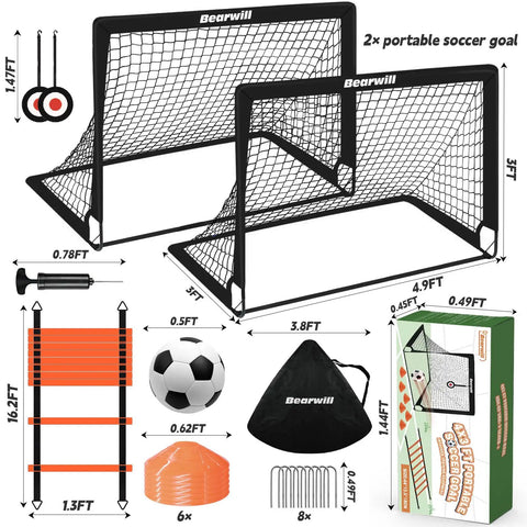 Two Pack 4x3ft Pop Up Kids Soccer Goals For Backyard Portable Soccer Nets Includes Ball Ladder Cones And Targets Durable Tear Resistant Netting And Fiberglass Poles For Backyard Practice