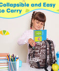 Child placing Fraction Manipulatives For Kids With Seven Colorful Panels into a patterned backpack on a school desk.