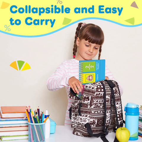 Child placing Fraction Manipulatives For Kids With Seven Colorful Panels into a patterned backpack on a school desk.
