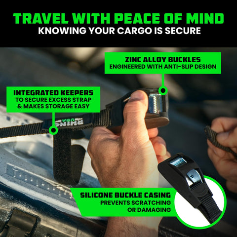 Beefy Heavy Duty Lashing Straps 1 Inch By 12 Foot Cam Buckle Tie Downs, 1320Lb Break Strength in use with silicone casing