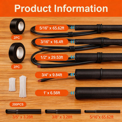 Split Wire Loom Sleeve Master Kit For Vehicles No Chew Cable Management Set sizes on wooden surface