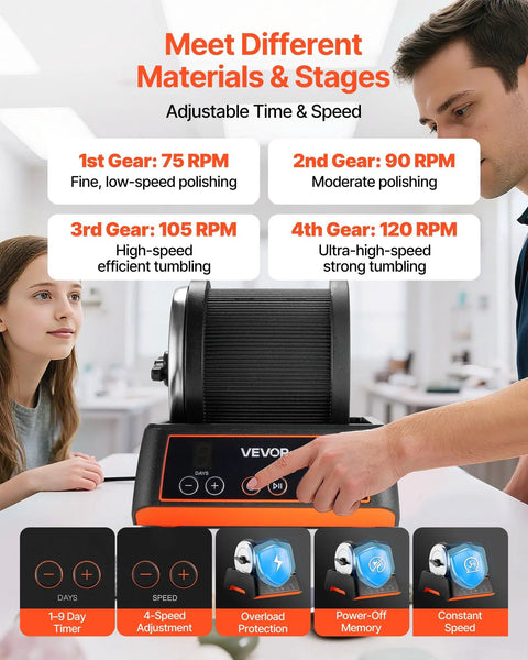 Rock Tumbler Kit For Beginners And Pros, 2 lb capacity on a table with four speed settings display, includes rough gemstones