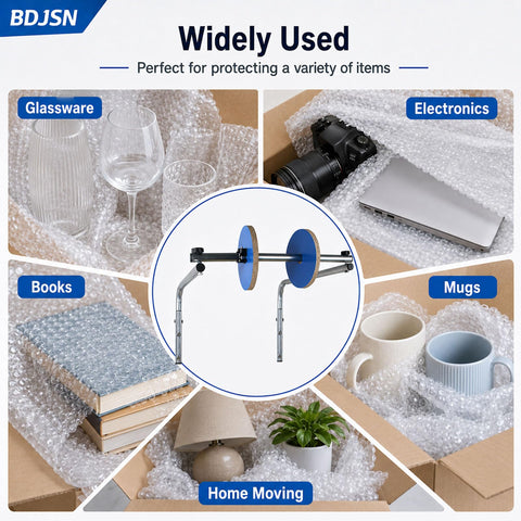 No Sweat Wall Mounted Foam Wrap Dispenser With Smooth Rolling Galvanized Steel Bubble Cushion Holder shown protecting glassware and electronics.